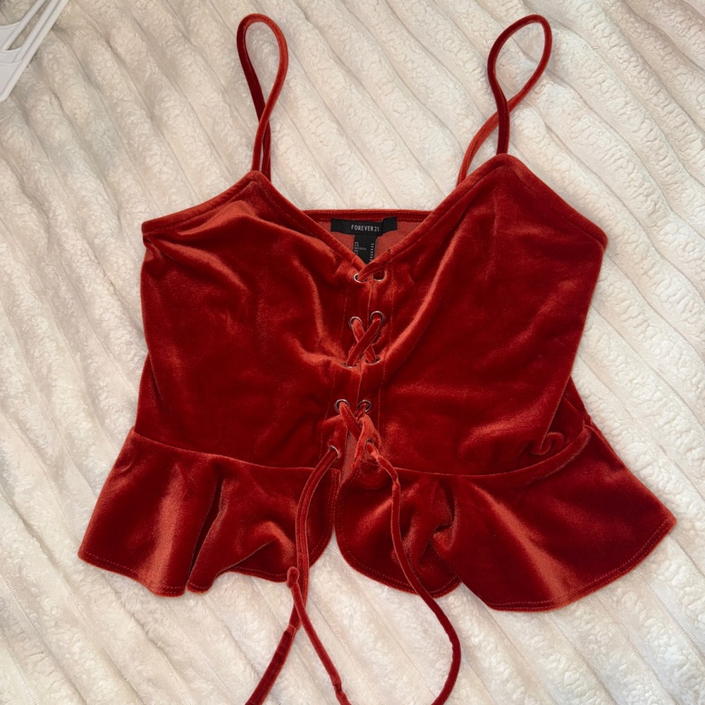 Red Velvet Lace-Up Crop Top Tank